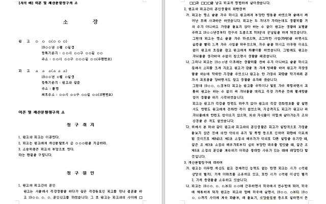 이혼 및 재산분할청구의 소  이혼소송 무료법원양식