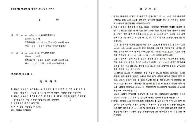 위자료 등 청구의 소  사실혼 파기  무료법원양식