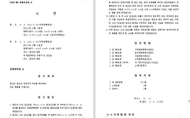친생부인의 소   무류법원양식