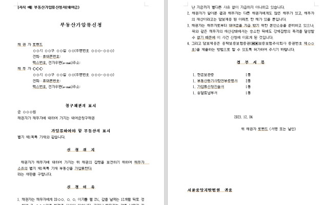 부동산가압류신청서 무료법원양식 법원서식  ( 대여금 )