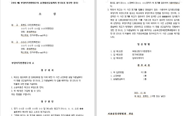 부당이득반환청구의 소  무료법원양식 서식